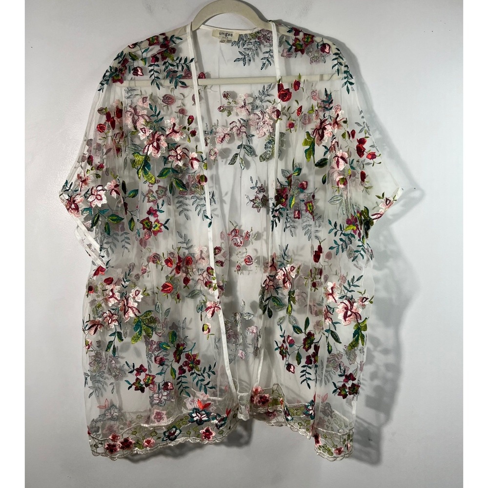 Womens Umgee‎ Sheer Embroidered Floral Kimono Festival Cover S/M White Red